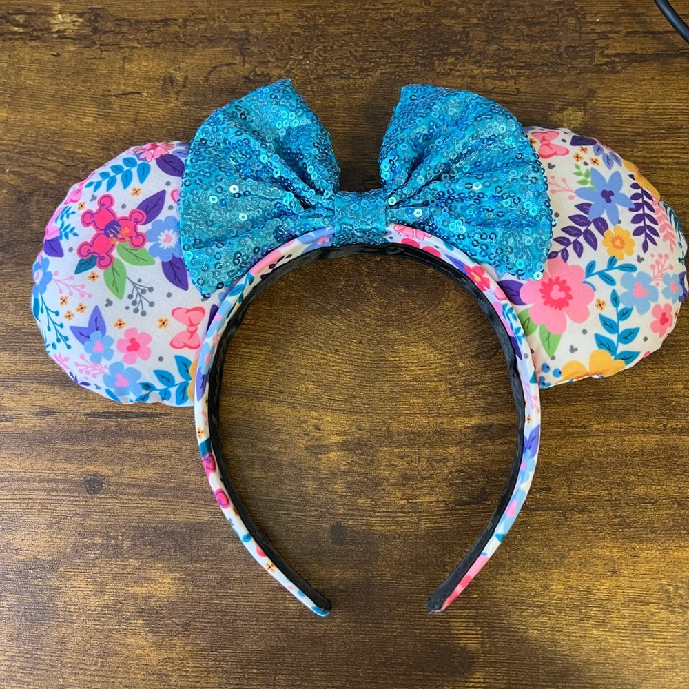 BBBrooke Floral Mouse Ears with Blue Sequin Bow